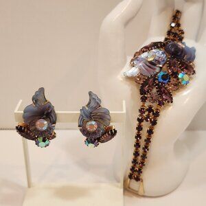 Vintage Edlee Amethyst Purple Molded Glass/Rhinestone Bracelet & Earring Set